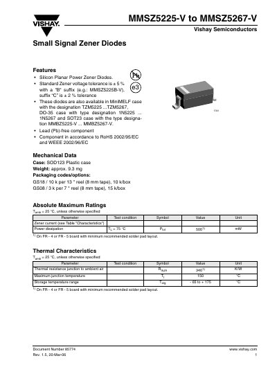 Vishay MMSZ5225-V to MMSZ5267-V Small Signal Zener Diode Datasheet - cover page