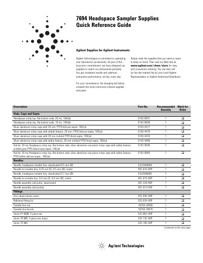 Agilent 7694 Headspace Sampler Supplies Quick Reference Guide - cover page