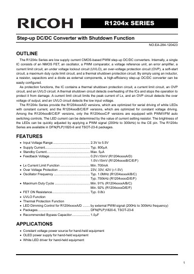 Ricoh R1204x Series Step-up DC/DC Converter Datasheet