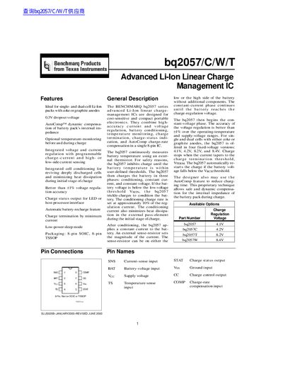 Texas Instruments bq2057/C/W/T Advanced Li-Ion Linear Charge Management IC Datasheet - cover page