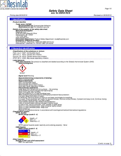 ResinLab CA7008 Safety Data Sheet - cover page