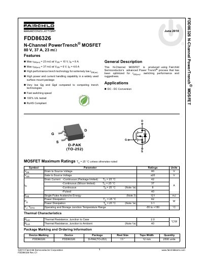 Fairchild FDD86326 N-Channel MOSFET Datasheet - cover page