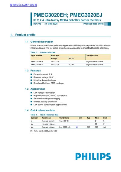Philips PMEG3020EH; PMEG3020EJ Schottky Barrier Rectifiers Product Data Sheet - cover page