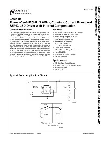 National Semiconductor LM3410 PowerWise LED Driver Datasheet - cover page