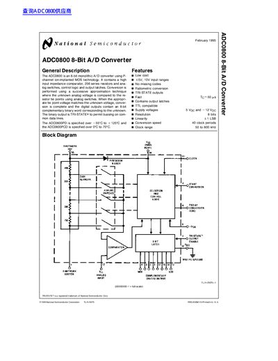 National Semiconductor ADC0800 8-Bit A/D Converter Datasheet - cover page