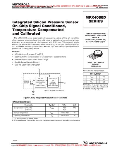 Motorola MPX4080D Pressure Sensor Technical Data Sheet - cover page