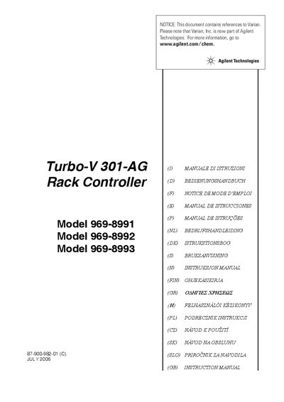 Agilent Technologies Turbo-V 301-AG Rack Controller Model 969-8991 Manual - cover page