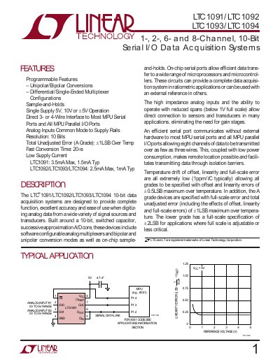 Linear Technology LTC1091/LTC1092/LTC1093/LTC1094 10‑Bit Serial I/O Data Acquisition Systems Datasheet - cover page
