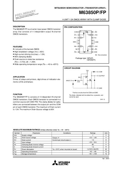 Mitsubishi M63850P/FP DMOS Transistor Array Datasheet - cover page