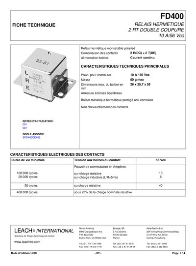LEACH FD400 RELAIS HERMETIQUE 2 RT DOUBLE COUPURE 10 A/56 Vcc - cover page