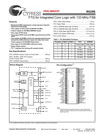 Cypress FSBW228B Preliminary FTG for Integrated Core Logic - cover page
