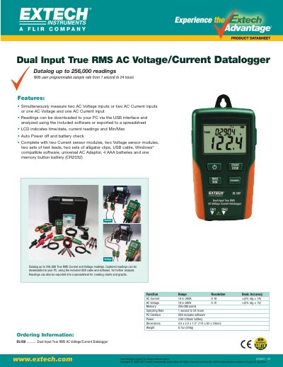 EXTECH DL160 Dual Input True RMS AC Voltage/Current Datalogger Product Datasheet - cover page