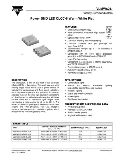 Vishay VLMW621 Power SMD LED CLCC-6 Warm White Datasheet - cover page