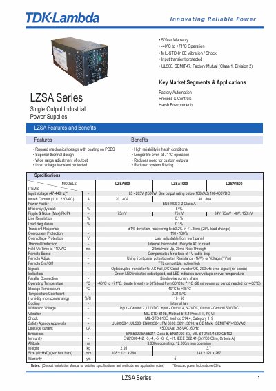 TDK-Lambda LZSA500 LZSA1000 LZSA1500 technology data - cover page
