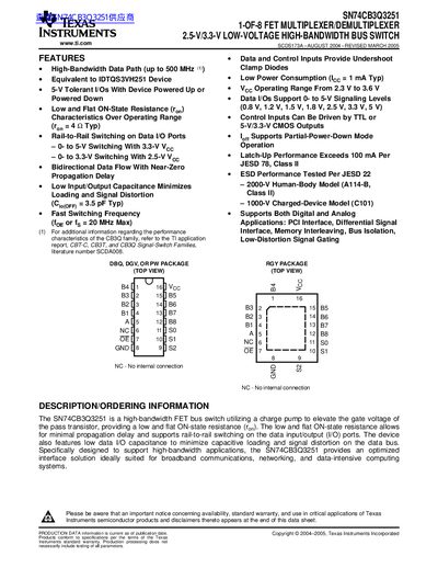 Texas Instruments SN74CB3Q3251 1-of-8 FET Multiplexer/Demultiplexer Datasheet - cover page