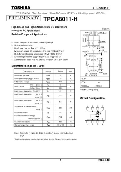 Toshiba TPCA8011-H Datasheet - cover page