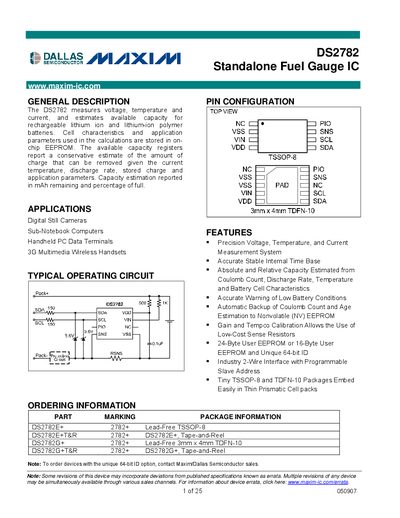 Maxim DS2782 Standalone Fuel Gauge IC Datasheet - cover page