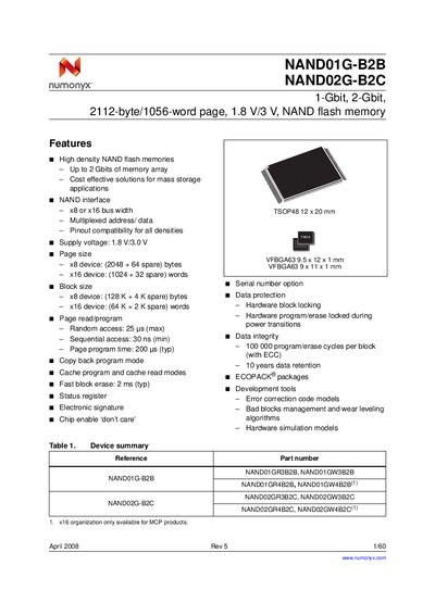 Numonyx NAND01G-B2B and NAND02G-B2C Datasheet - cover page