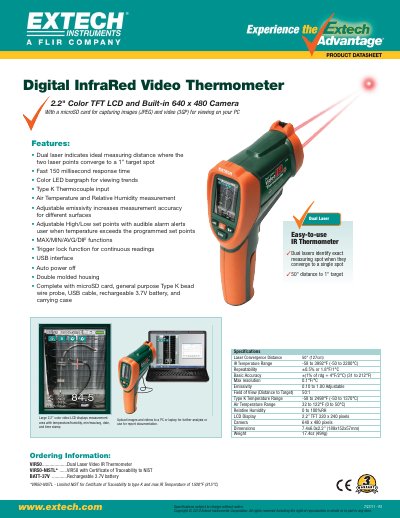EXTECH VIR50....................Dual Laser Video IR Thermometer VIR50-NISTL* ......VIR50 with Certificate of Traceability to NIST BATT-37V ............Rechargeable 3.7V battery Manual - cover page