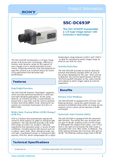 Sony SSC-DC693P Product Information - cover page