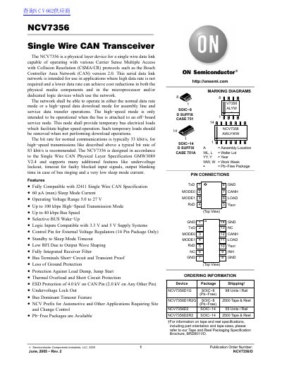 ON Semiconductor NCV7356 Single Wire CAN Transceiver Datasheet - cover page