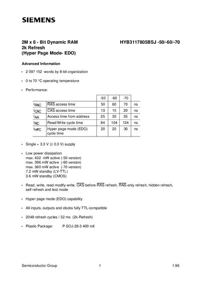 Siemens HYB3117805BSJ-50/-60/-70 2M x 8-EDO DRAM Datasheet - cover page