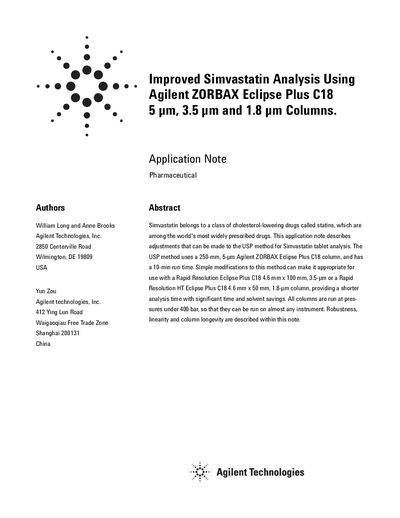 Agilent ZORBAX Eclipse Plus C18 Improved Simvastatin Analysis Application Note - cover page