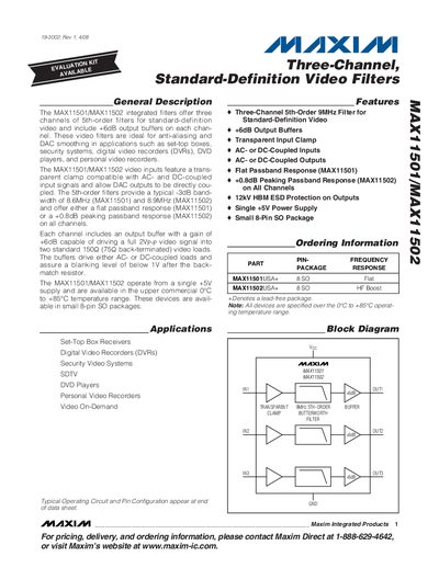 Maxim MAX11501/MAX11502 Integrated Filter Datasheet - cover page