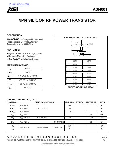 Advanced Semiconductor ASI4001 NPN Silicon RF Power Transistor Datasheet - cover page