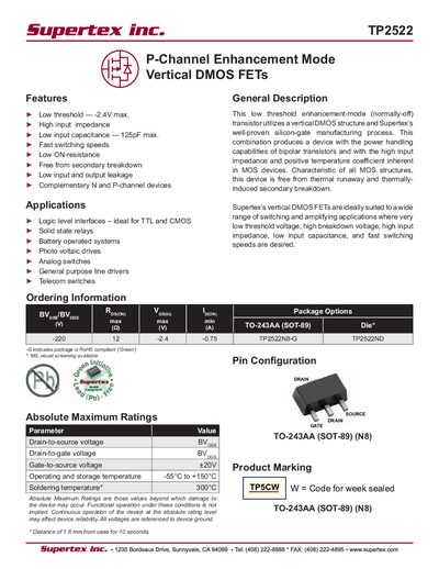Supertex TP2522 P-Channel Enhancement Mode Vertical DMOS FET Datasheet - cover page