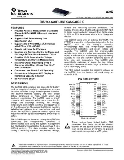 Texas Instruments bq2060 Gas Gauge IC Datasheet - cover page