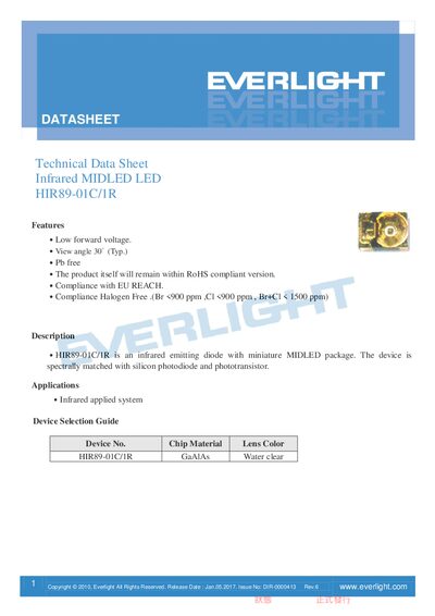 Everlight HIR89-01C/1R Infrared LED Datasheet - cover page