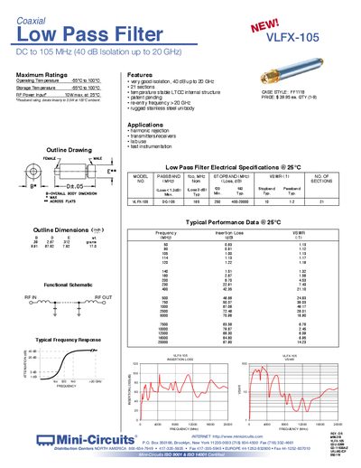 Mini-Circuits VLFX-105 Coaxial Low Pass Filter Datasheet - cover page