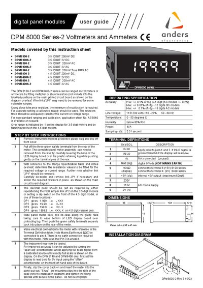 Anders DPM8000 Series-2 Voltmeters and Ammeters Handbook - cover page