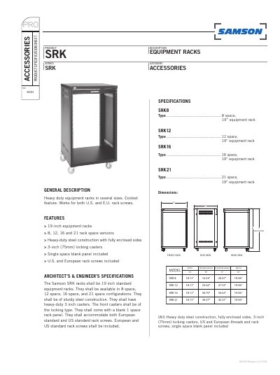 Samson SRK Series Equipment Racks Product Specification Sheet - cover page