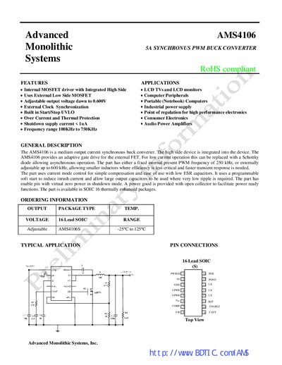 Advanced Monolithic Systems AMS4106 Synchronous Buck Converter Datasheet - cover page