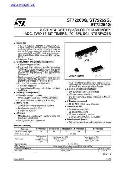 ST72260G, ST72262G, ST72264G 8-Bit MCU Datasheet - cover page