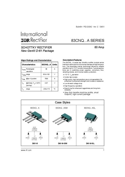 International Rectifier 83CNQ...A Series Schottky Rectifier Data Sheet - cover page