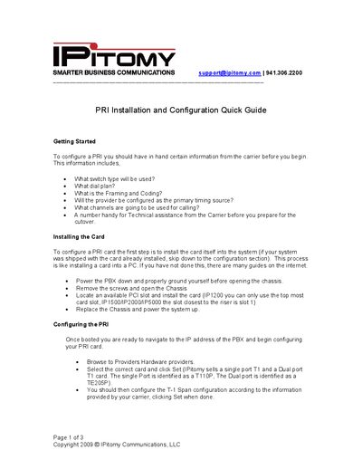 IPitomy IP1200, IP1500, IP2000, IP5000 PRI Installation and Configuration Quick Guide - cover page