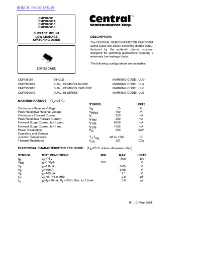 central CMPD6001 CMPD6001A CMPD6001C CMPD6001S SURFACE MOUNT LOW LEAKAGE SWITCHING DIODE handbook - cover page