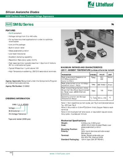 Littelfuse SMBJ Series 600W Surface Mount Transient Voltage Suppressor Datasheet - cover page