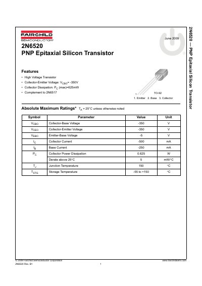 Fairchild Semiconductor 2N6520 PNP Epitaxial Silicon Transistor Datasheet - cover page