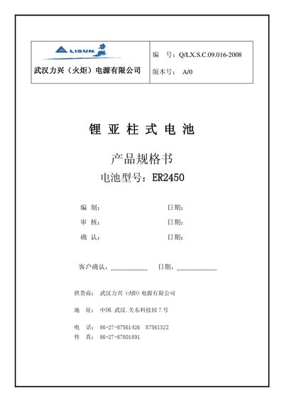 Wuhan Lixing ER2450 Lithium Battery Datasheet - cover page