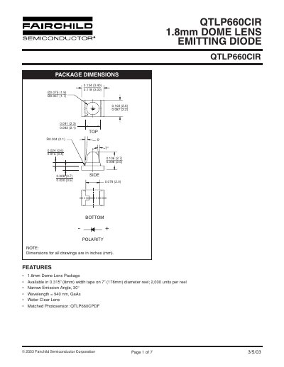 Fairchild Semiconductor QTLP660CIR 1.8mm Dome Lens Emitting Diode Datasheet - cover page
