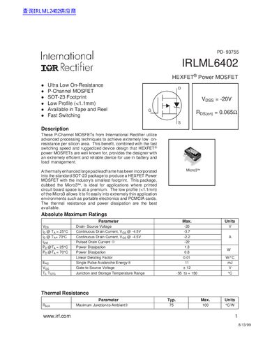 International Rectifier IRLML6402 P-Channel MOSFET Datasheet - cover page