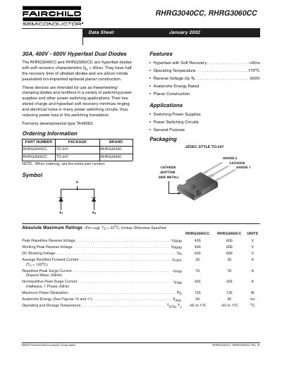 Fairchild RHRG3040CC/RHRG3060CC Hyperfast Dual Diodes Datasheet