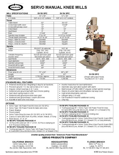 Servo Products Company SV 50 SPC and SV 54 SPC Knee Mills Specifications - cover page