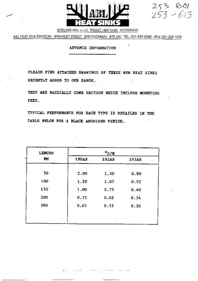 ABL 190AB/152AB/193AB Heat Sinks Advance Information - cover page
