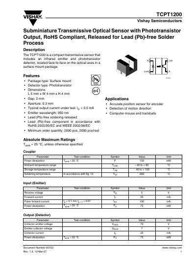 VISHAY TCPT1200 Document Number 83753 Rev. 1.9 13-Mar-07 Vishay Semiconductors Subminiature Transmissive Optical Sensor with Phototransistor Output RoHS Compliant Released for Lead (Pb)-free Solde - cover page