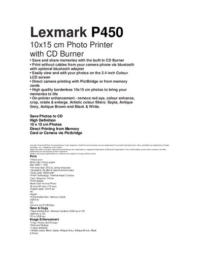 Lexmark P450 Photo Printer User Manual - cover page